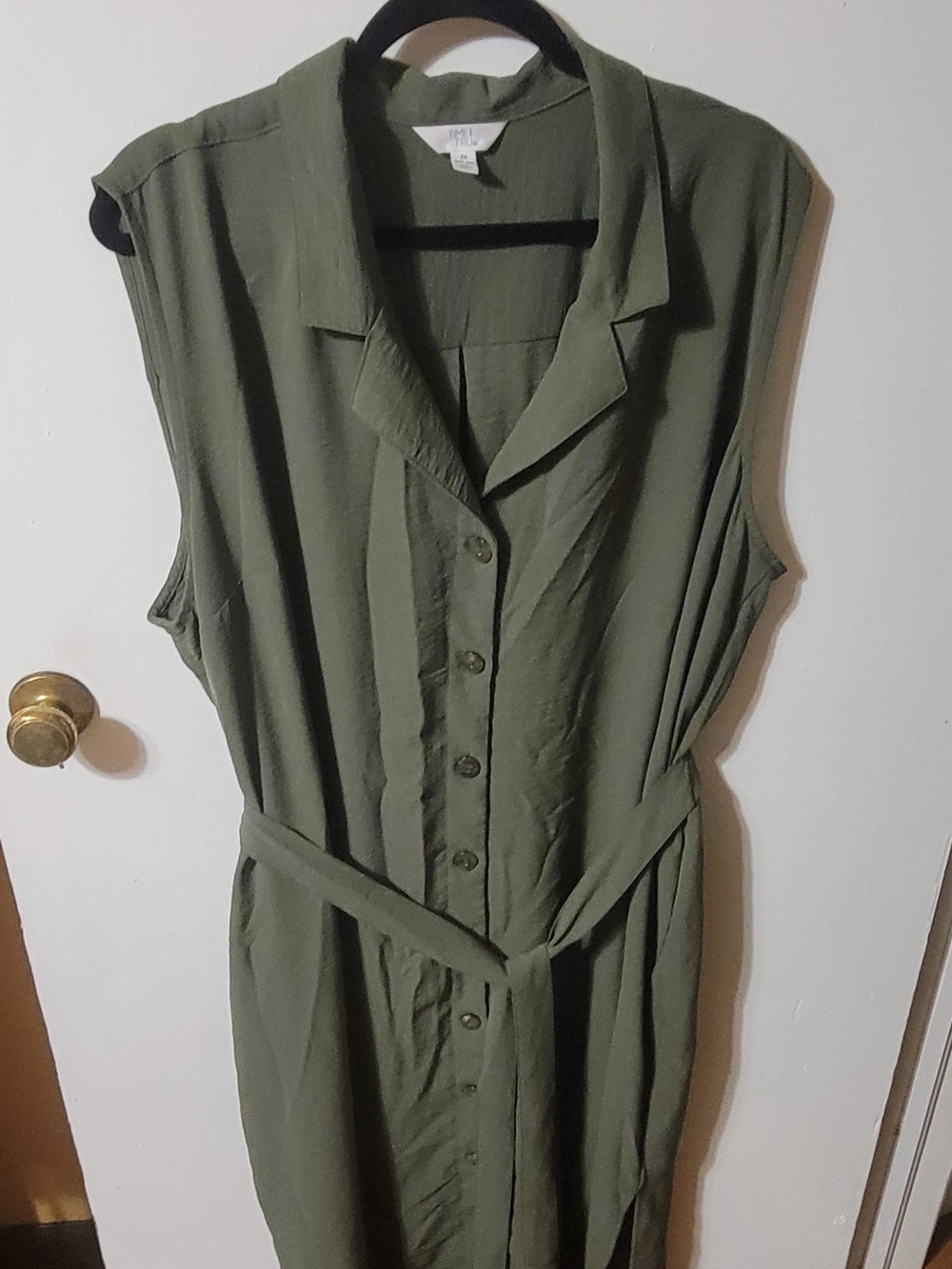 Time and Tru Olive Sleeveless Button-Front Dress with Tie Waist